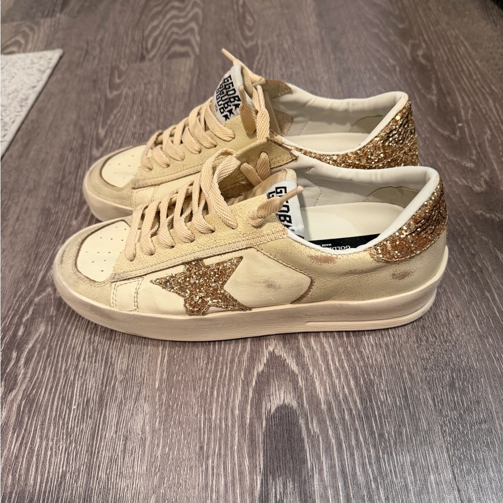 Golden Goose Women's Beige and Gold Glitter Sneakers